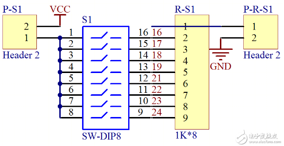 Schematic diagram of circuit design for eight digit dip switch